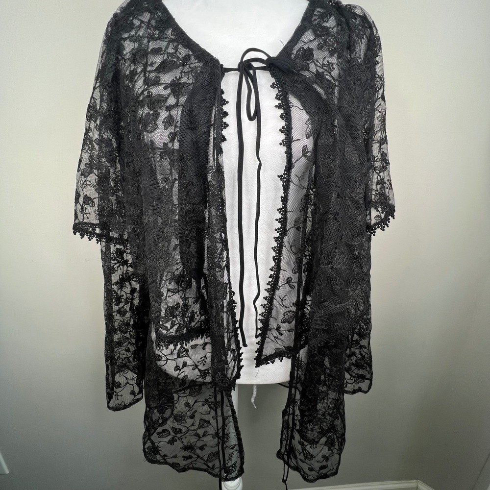 Vintage Black Lace Tie Front Blouse Sheer Victorian Gothic Romantic Whimsigoth M